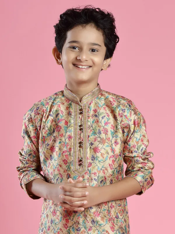 Beige pashmina silk festive wear kurta suit for boys