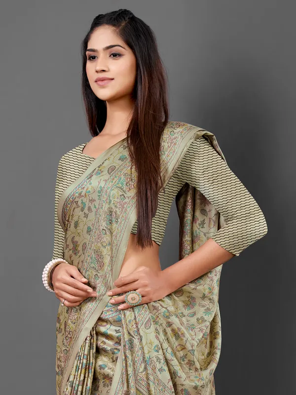 Beige pashmina silk printed saree