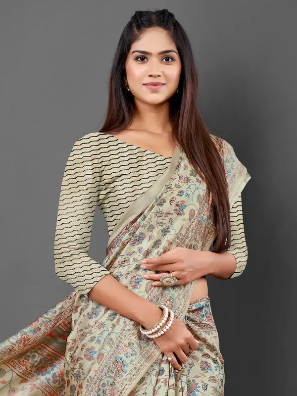 Beige pashmina silk saree with print