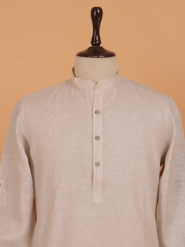 Beige plain cotton kurta set for men