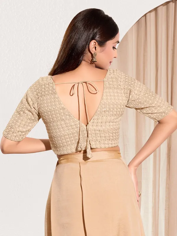 Beige polyester ready made blouse with V neck