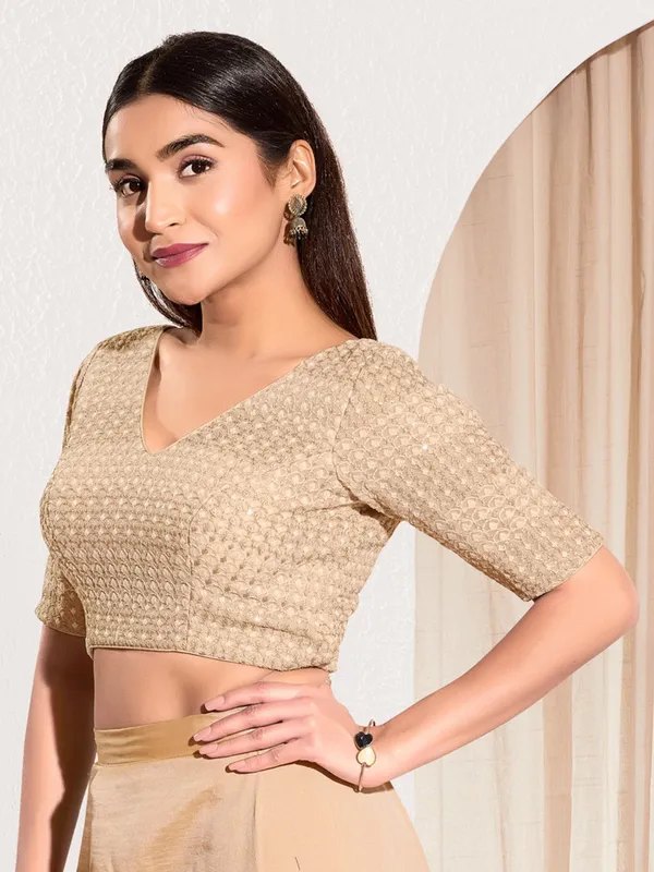 Beige polyester ready made blouse with V neck