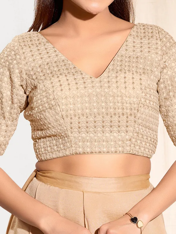 Beige polyester ready made blouse with V neck