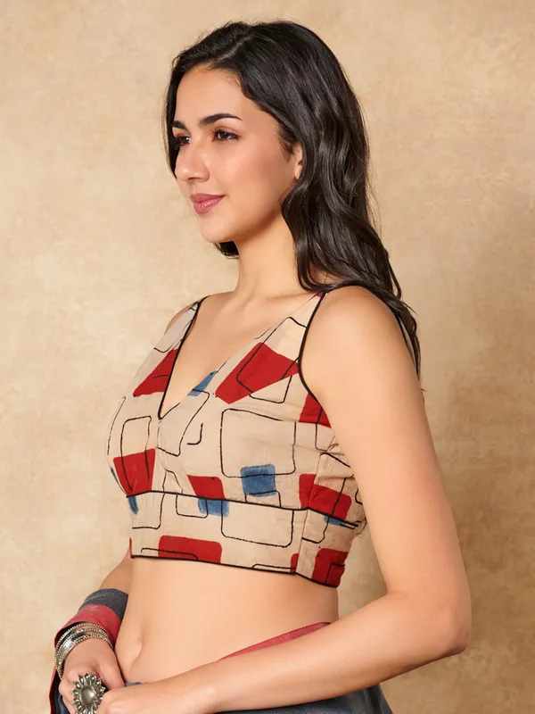 Beige printed ajrakh cotton sleeveless readymade blouse