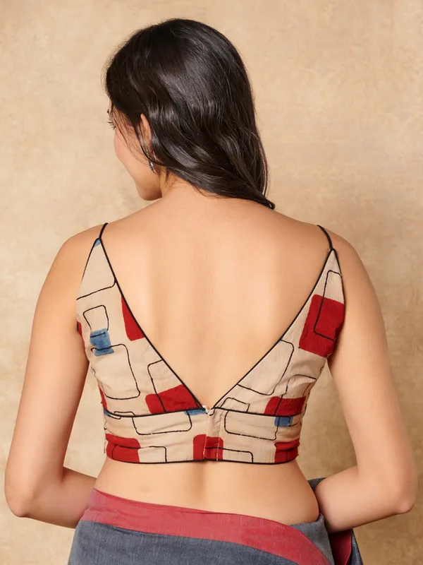 Beige printed ajrakh cotton sleeveless readymade blouse