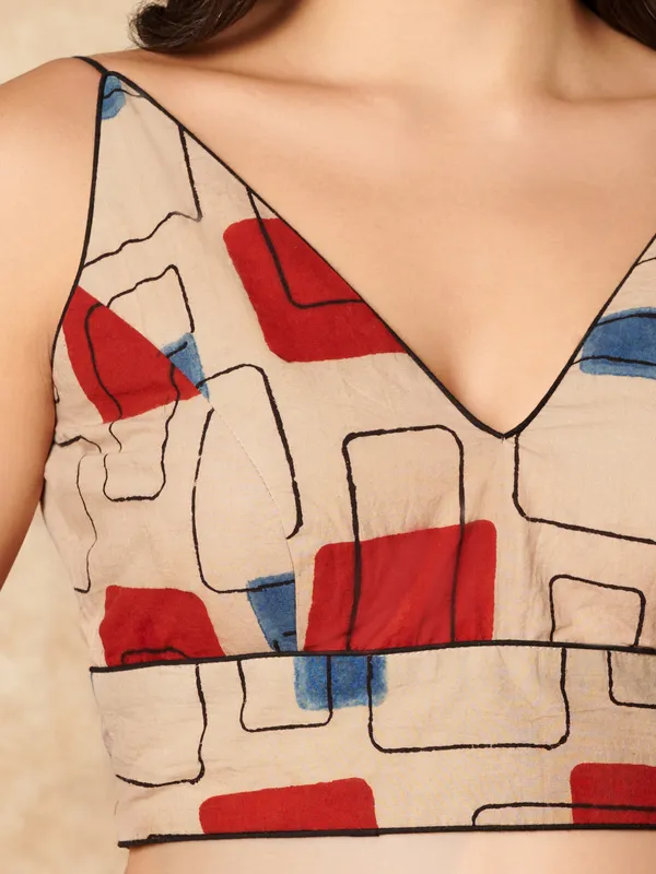 Beige printed ajrakh cotton sleeveless readymade blouse