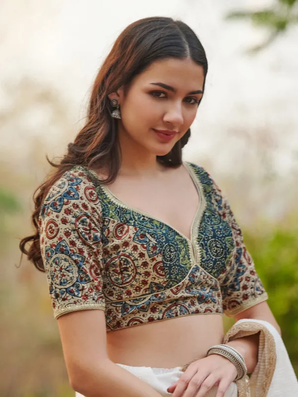 Beige printed Ajrakh printed cotton ready made blouse