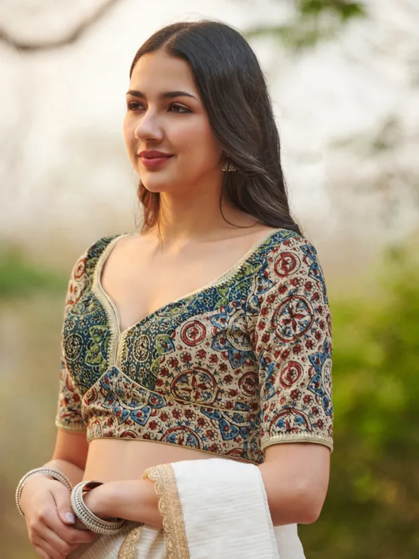 Beige printed Ajrakh printed cotton ready made blouse