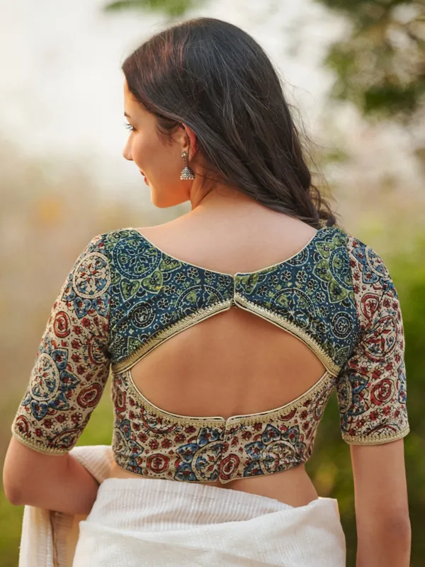 Beige printed Ajrakh printed cotton ready made blouse