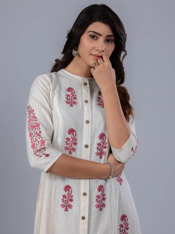 Beige printed casual cotton kurti for women