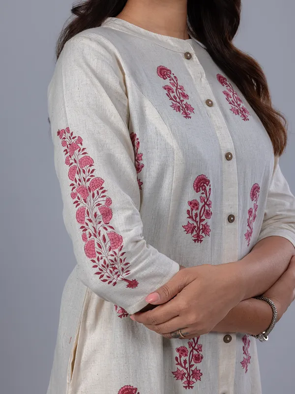 Beige printed casual cotton kurti for women