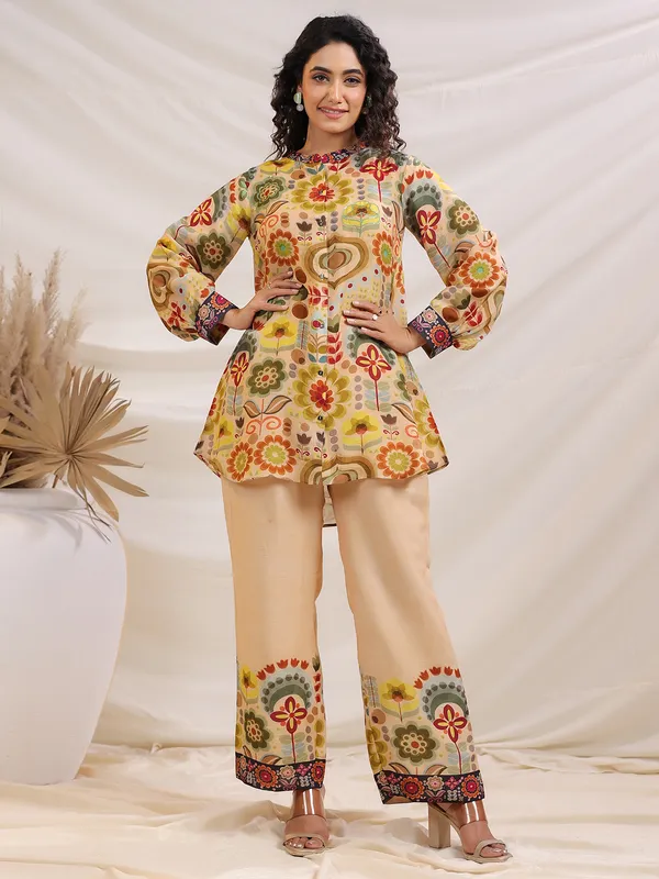 Beige printed co-ord set in linen