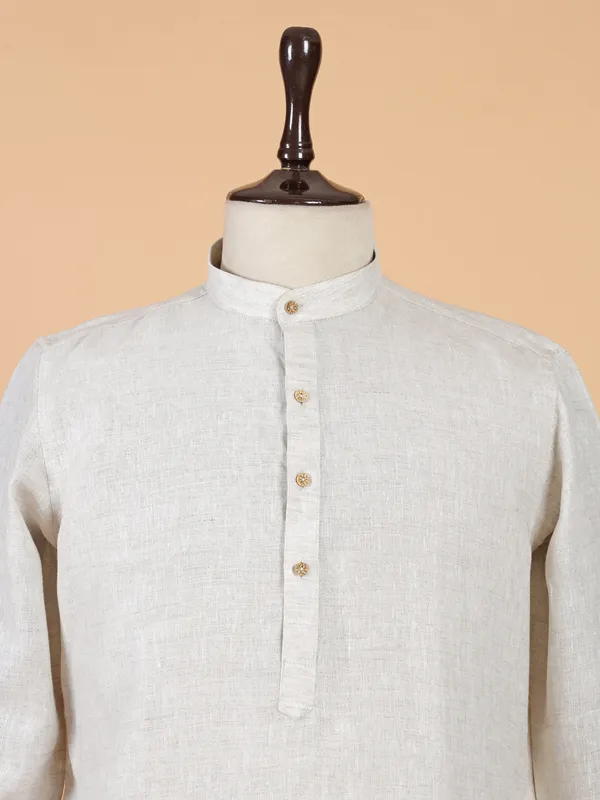Beige printed cotton kurta for men