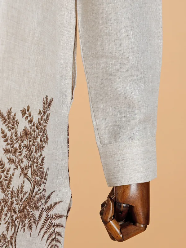 Beige printed cotton kurta for men