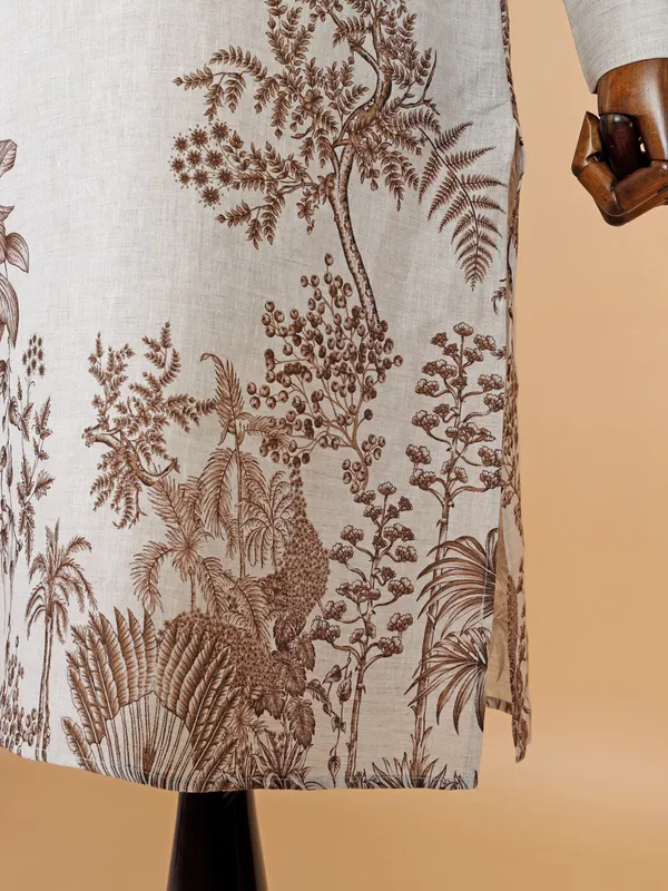 Beige printed cotton kurta for men