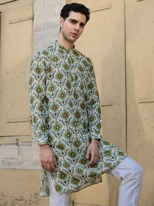 Beige printed cotton kurta pant set