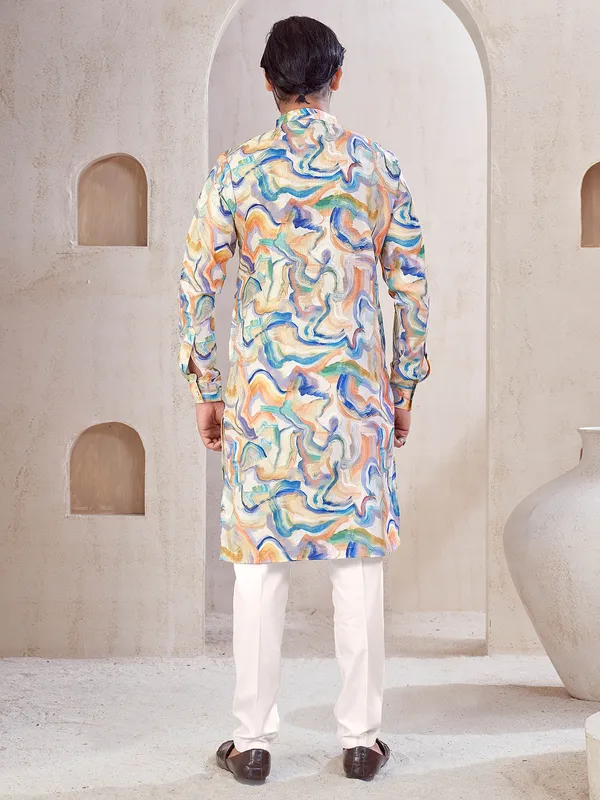Beige printed cotton kurta suit for festival