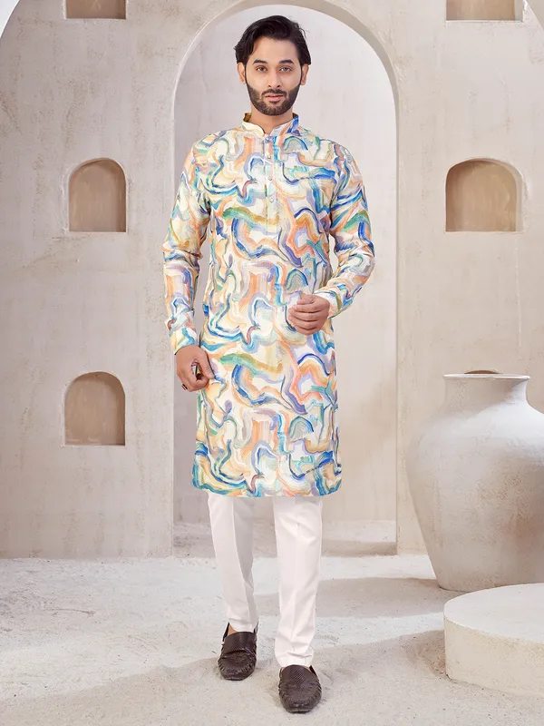 Beige printed cotton kurta suit for festival