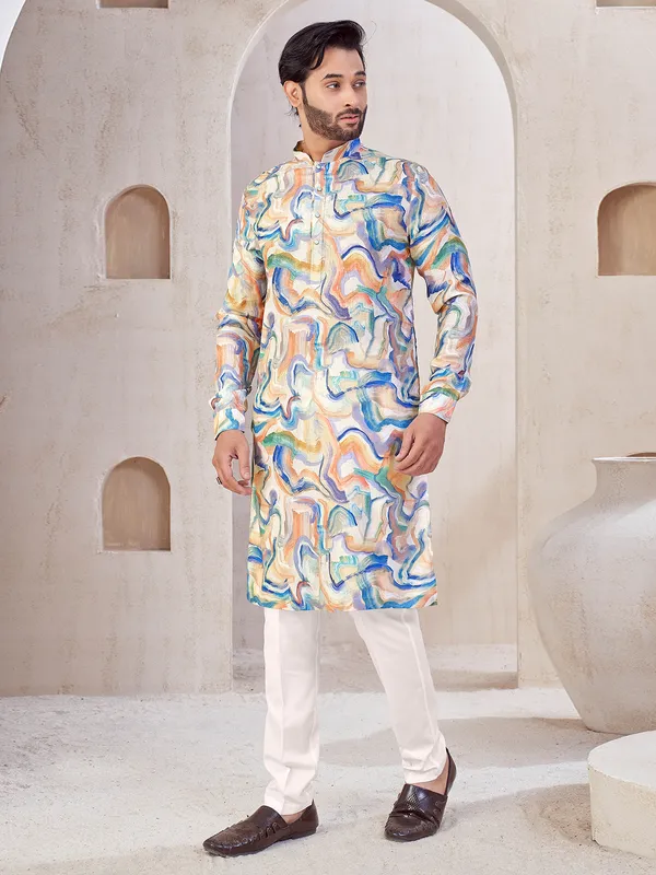 Beige printed cotton kurta suit for festival