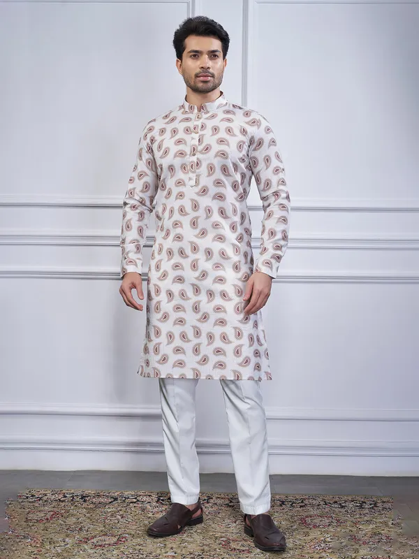 Beige printed cotton kurta suit for festive wear