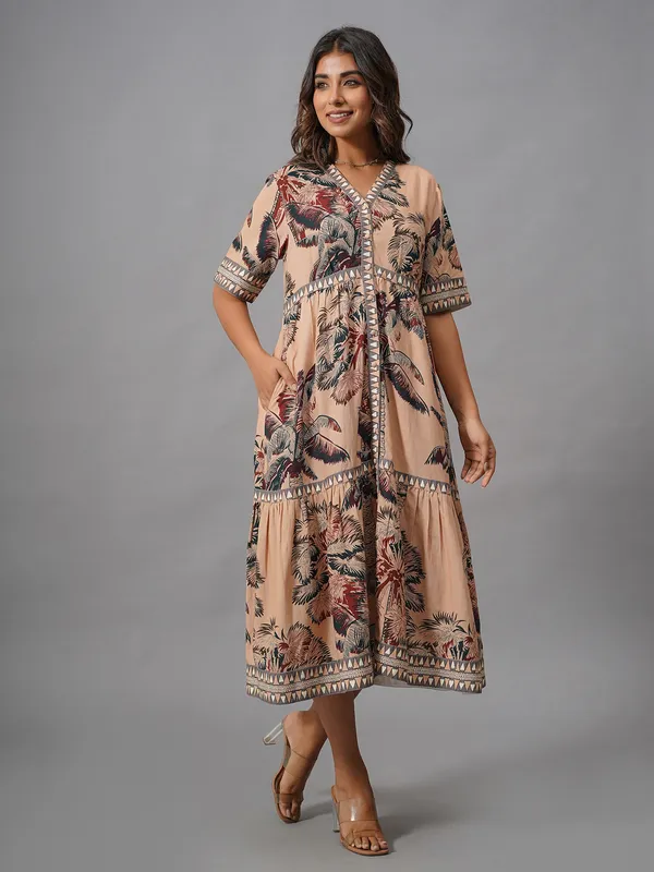 Beige printed cotton kurti for women