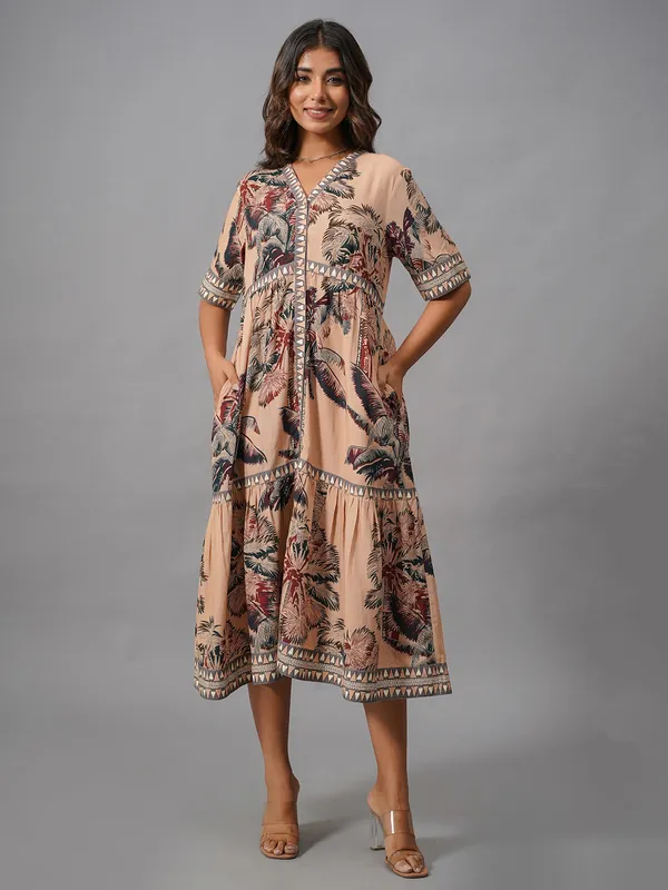 Beige printed cotton kurti for women