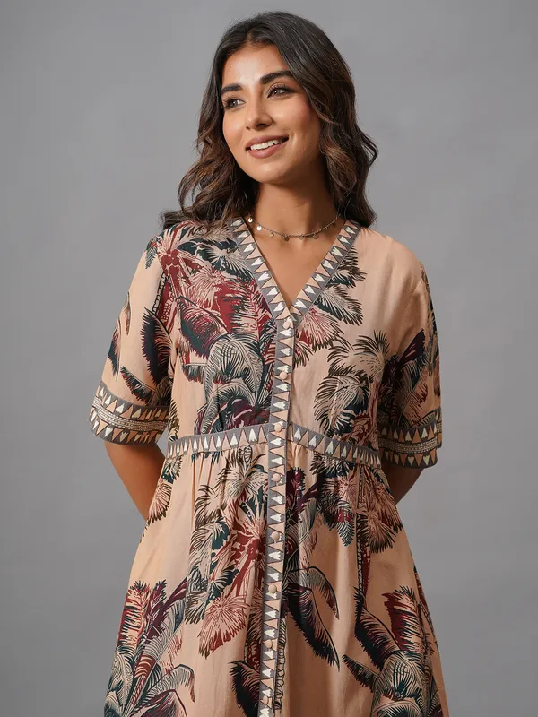 Beige printed cotton kurti for women