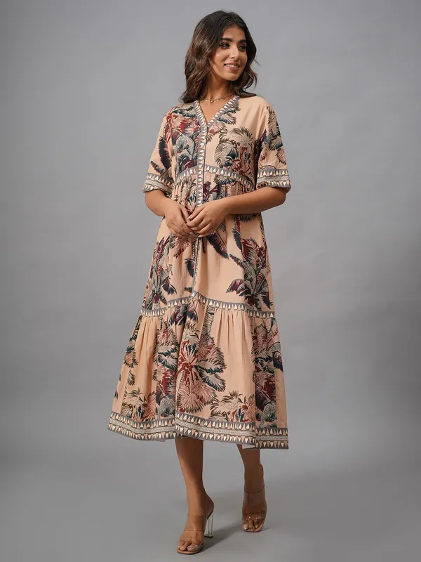 Beige printed cotton kurti for women
