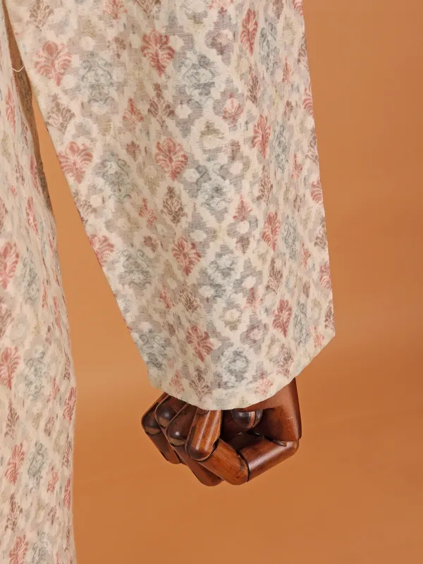 Beige printed cotton silk festive ready kurta suit