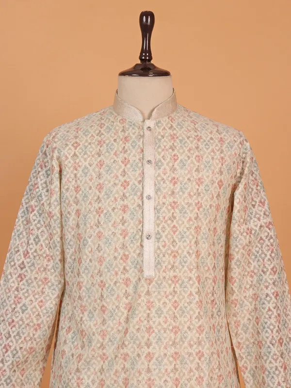 Beige printed cotton silk festive ready kurta suit