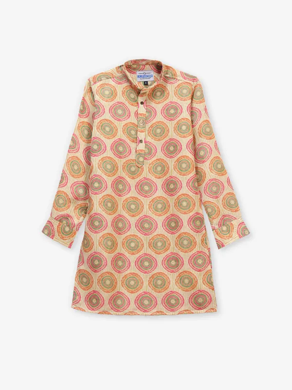 Beige printed cotton silk kurta suit for boys