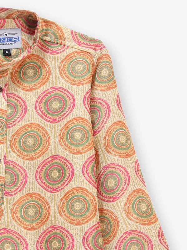 Beige printed cotton silk kurta suit for boys