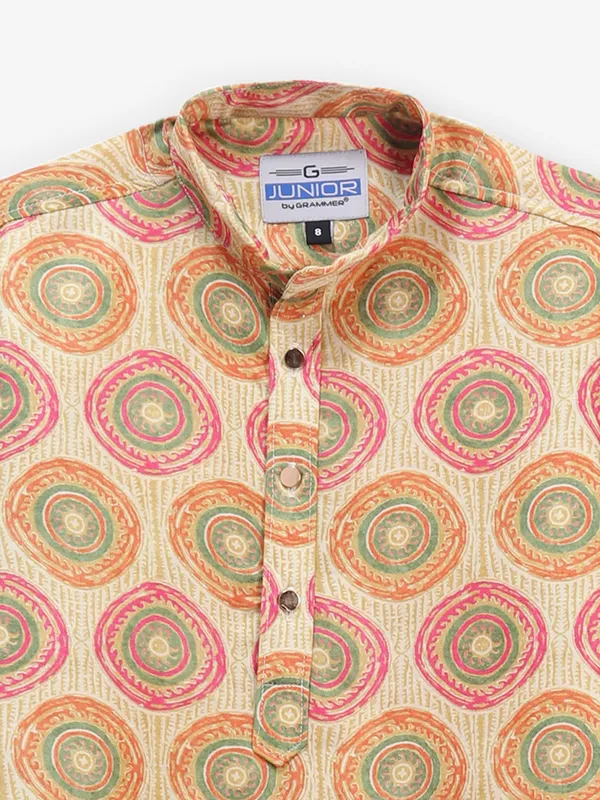 Beige printed cotton silk kurta suit for boys