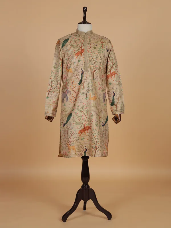 Beige printed cotton silk kurta suit for festival