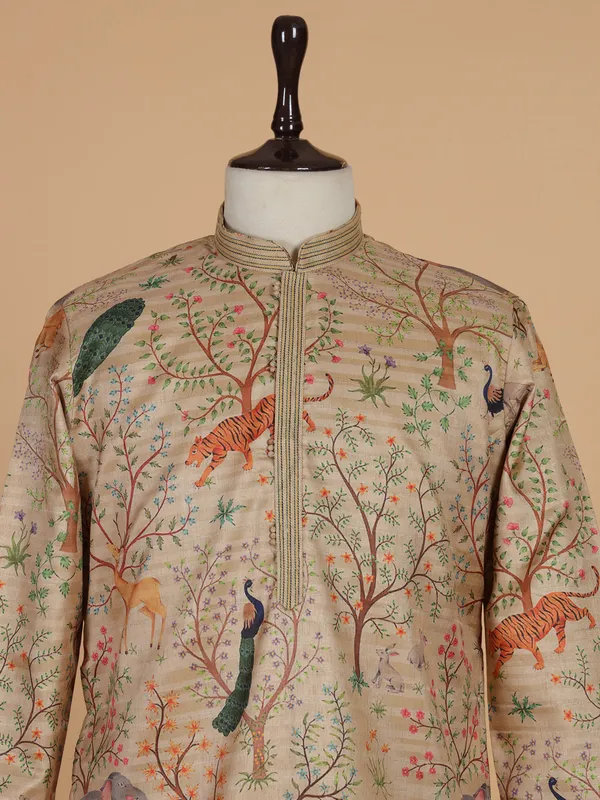 Beige printed cotton silk kurta suit for festival