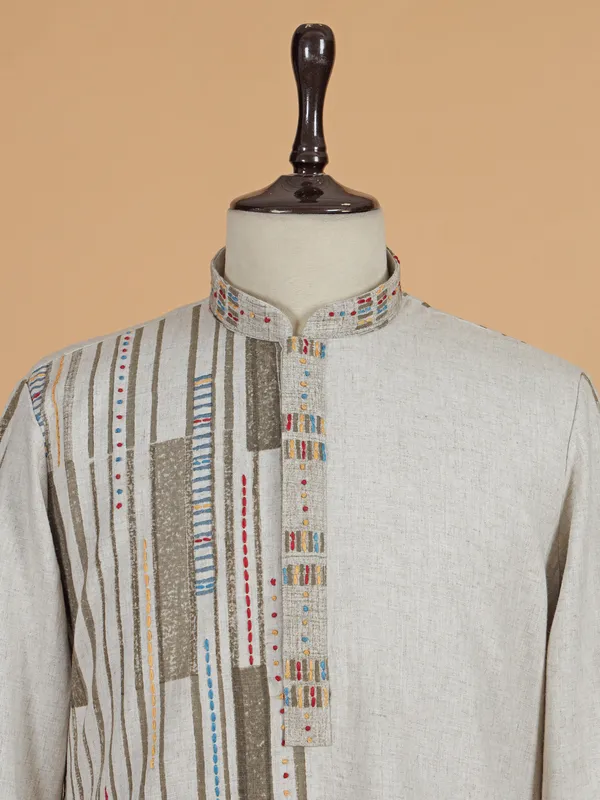 Beige printed cotton silk kurta suit for men
