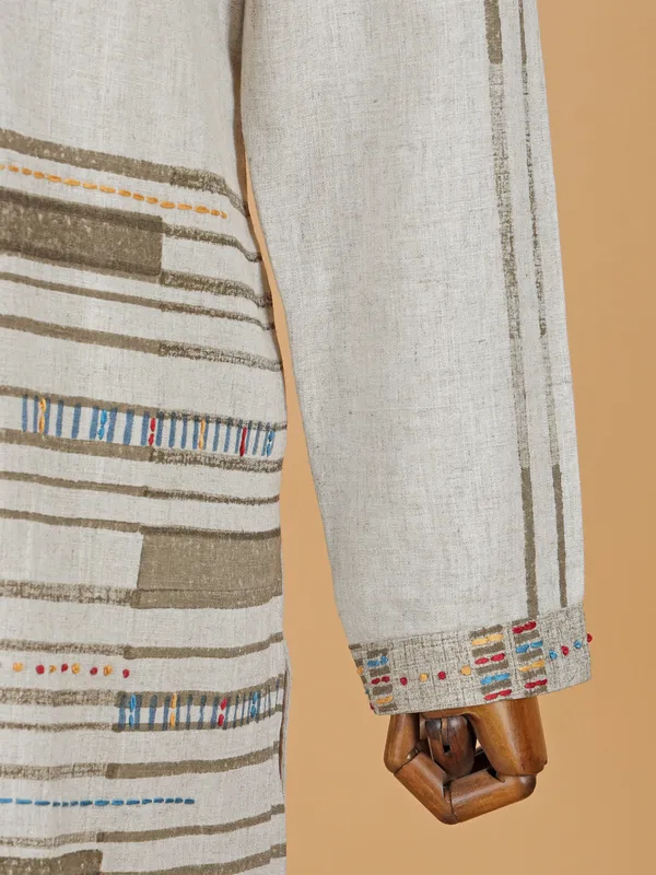 Beige printed cotton silk kurta suit for men