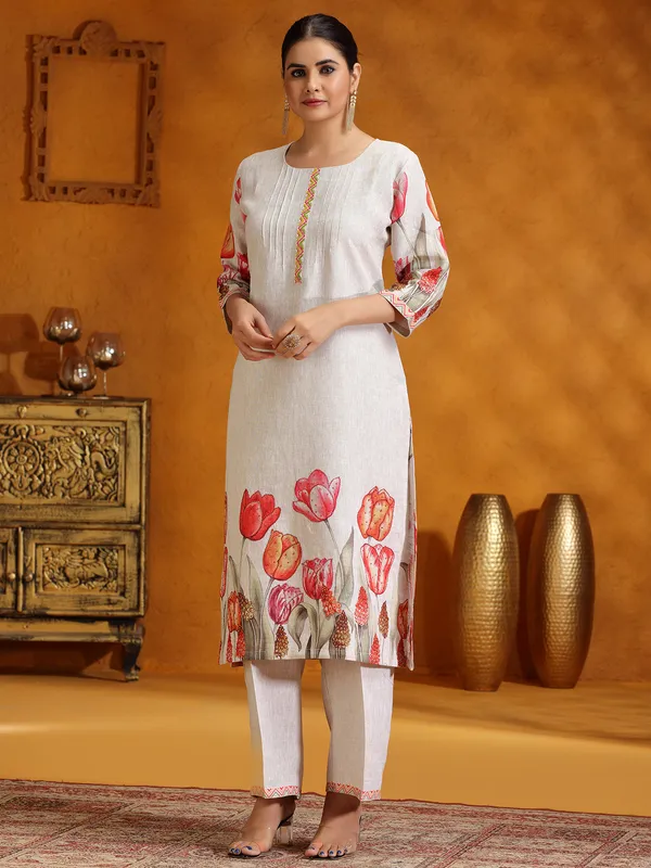 Beige printed cotton silk kurti set for women