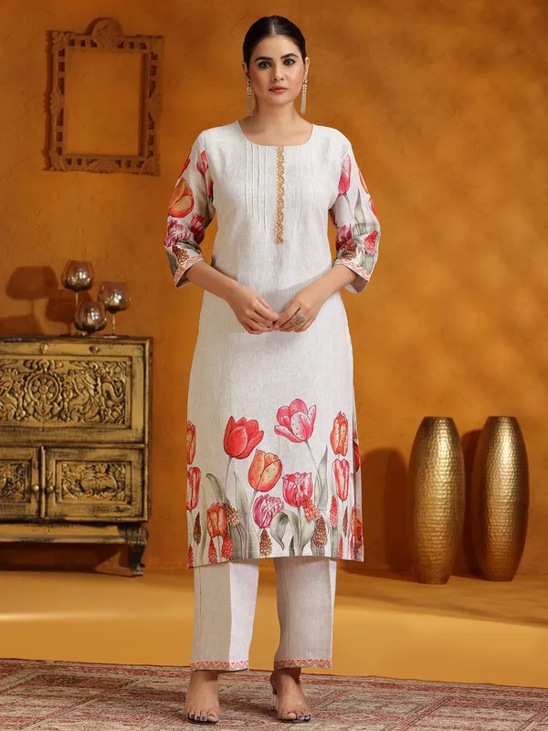 Beige printed cotton silk kurti set for women