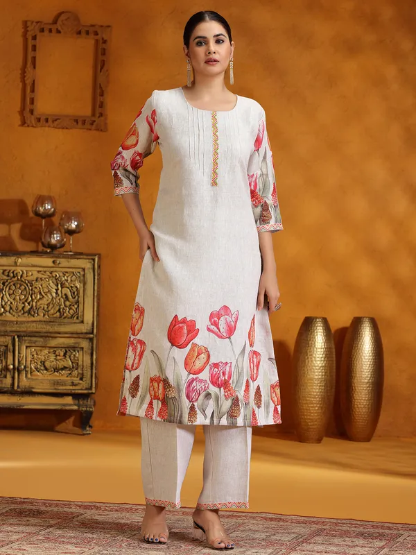 Beige printed cotton silk kurti set for women