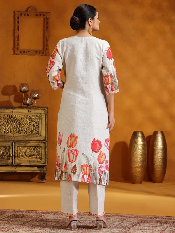 Beige printed cotton silk kurti set for women