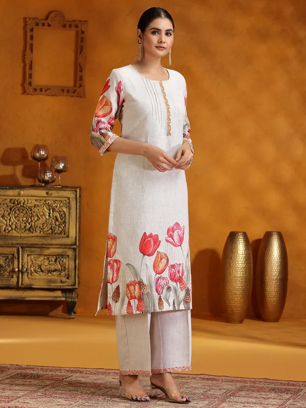 Beige printed cotton silk kurti set for women