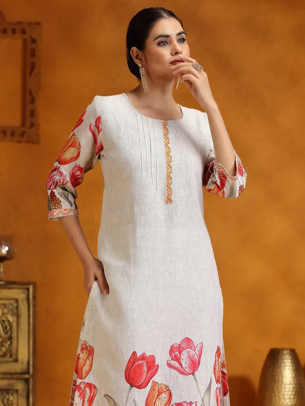 Beige printed cotton silk kurti set for women