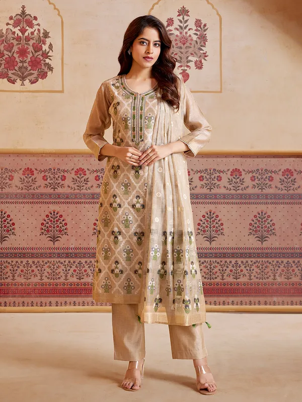Beige printed cotton silk salwar suit for festive wear