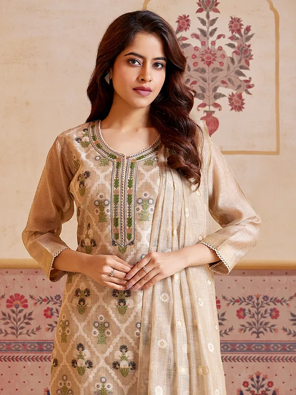 Beige printed cotton silk salwar suit for festive wear