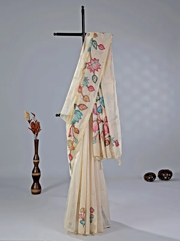 Beige printed cotton silk saree