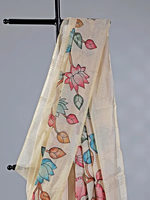 Beige printed cotton silk saree