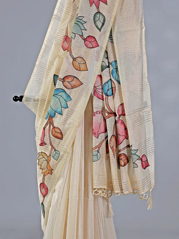 Beige printed cotton silk saree