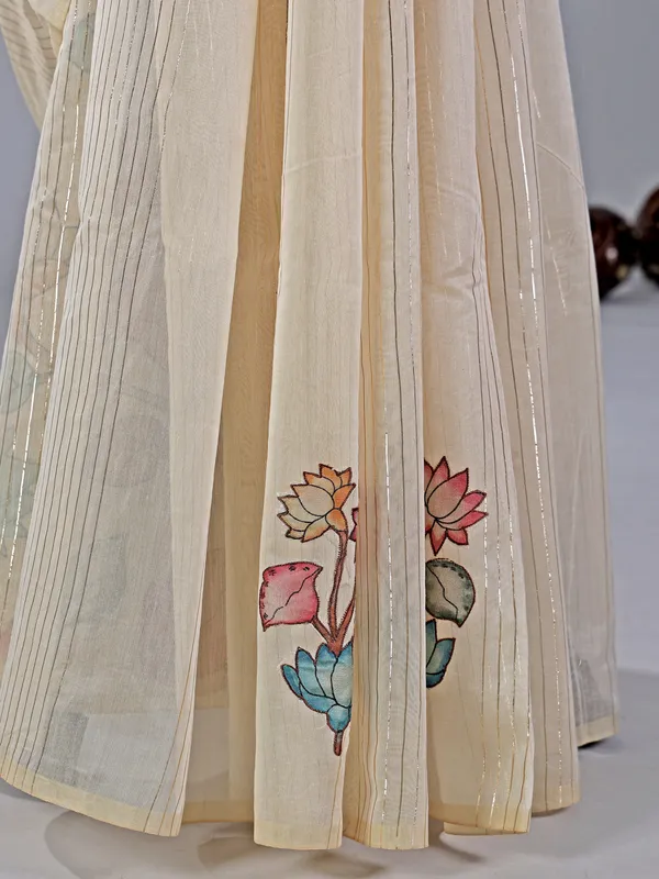 Beige printed cotton silk saree