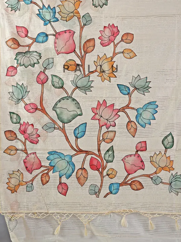 Beige printed cotton silk saree